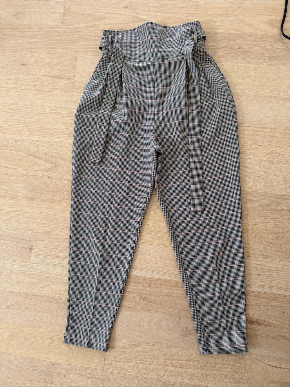 ASOS Gray Plaid High-Waist Paperbag Trousers with Pink Windowpane